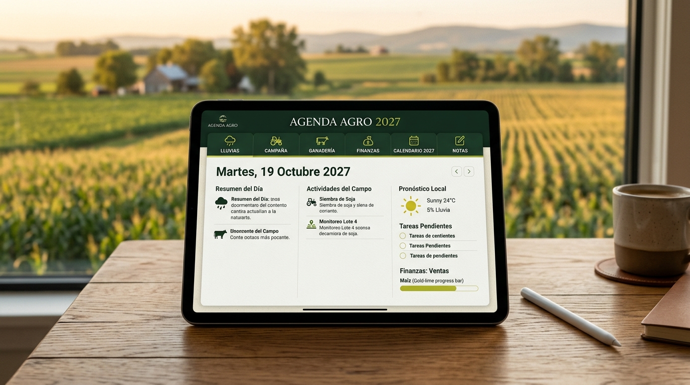 Agenda Agro 2027 en tablet digital con stylus en el campo