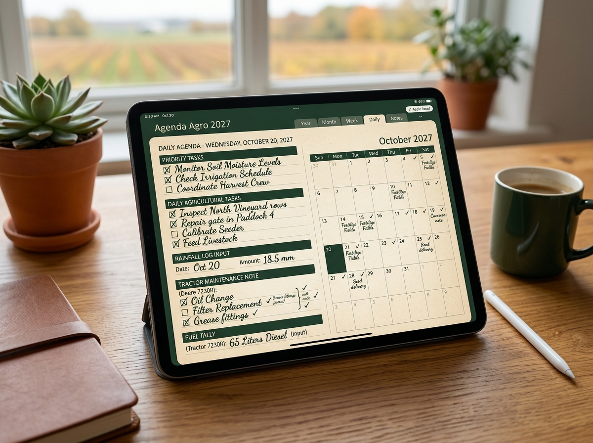 Vista diaria con lista de tareas de campo y calendario 2027